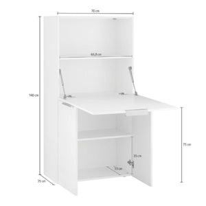 Scrivania con piano Atroc, Made in Italy, Mobile con scaffali e piano da lavoro, Armadio salvaspazio, cm 70x35h140, colore Bianco lucido