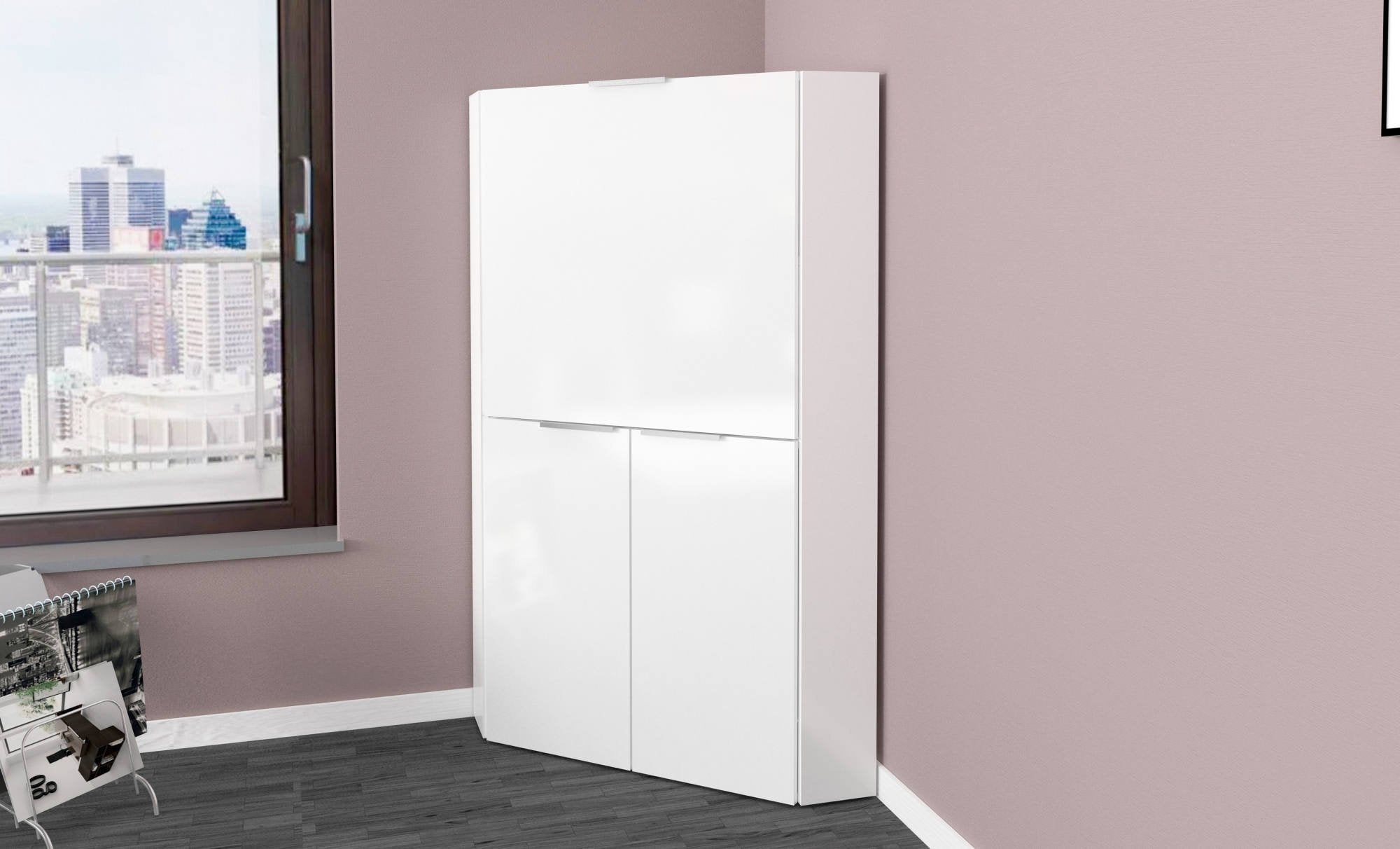 Scrivania ad angolo con piano Akiro, Made in Italy, Mobile con scaffali e piano da lavoro, Armadio salvaspazio, cm 70x57h140, colore Bianco lucido