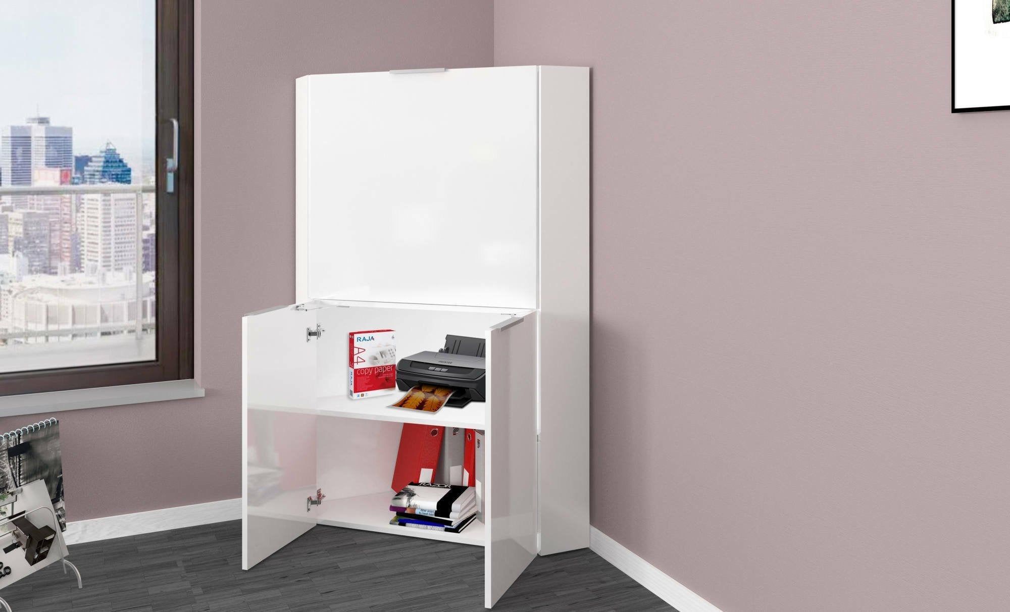 Scrivania ad angolo con piano Akiro, Made in Italy, Mobile con scaffali e piano da lavoro, Armadio salvaspazio, cm 70x57h140, colore Bianco lucido