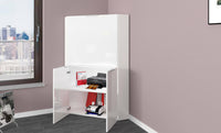 Scrivania ad angolo con piano Akiro, Made in Italy, Mobile con scaffali e piano da lavoro, Armadio salvaspazio, cm 70x57h140, colore Bianco lucido