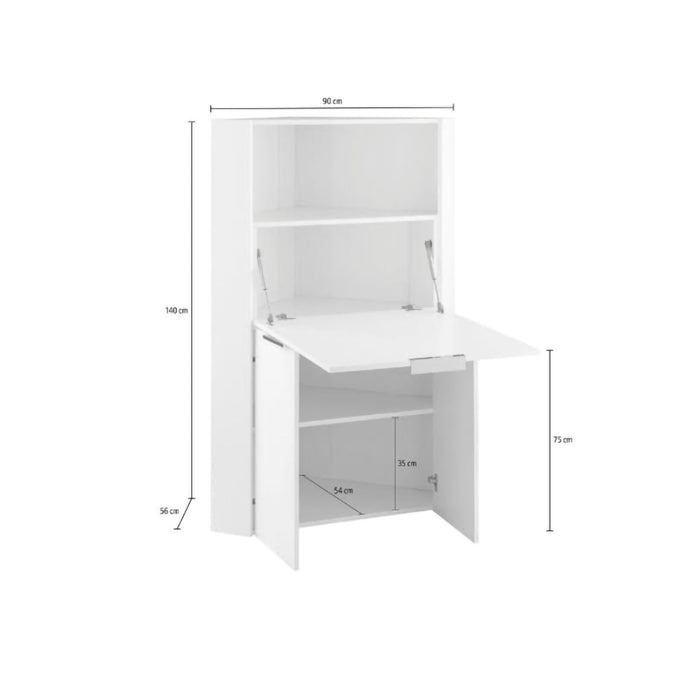 Scrivania ad angolo con piano Akiro, Made in Italy, Mobile con scaffali e piano da lavoro, Armadio salvaspazio, cm 70x57h140, colore Bianco lucido