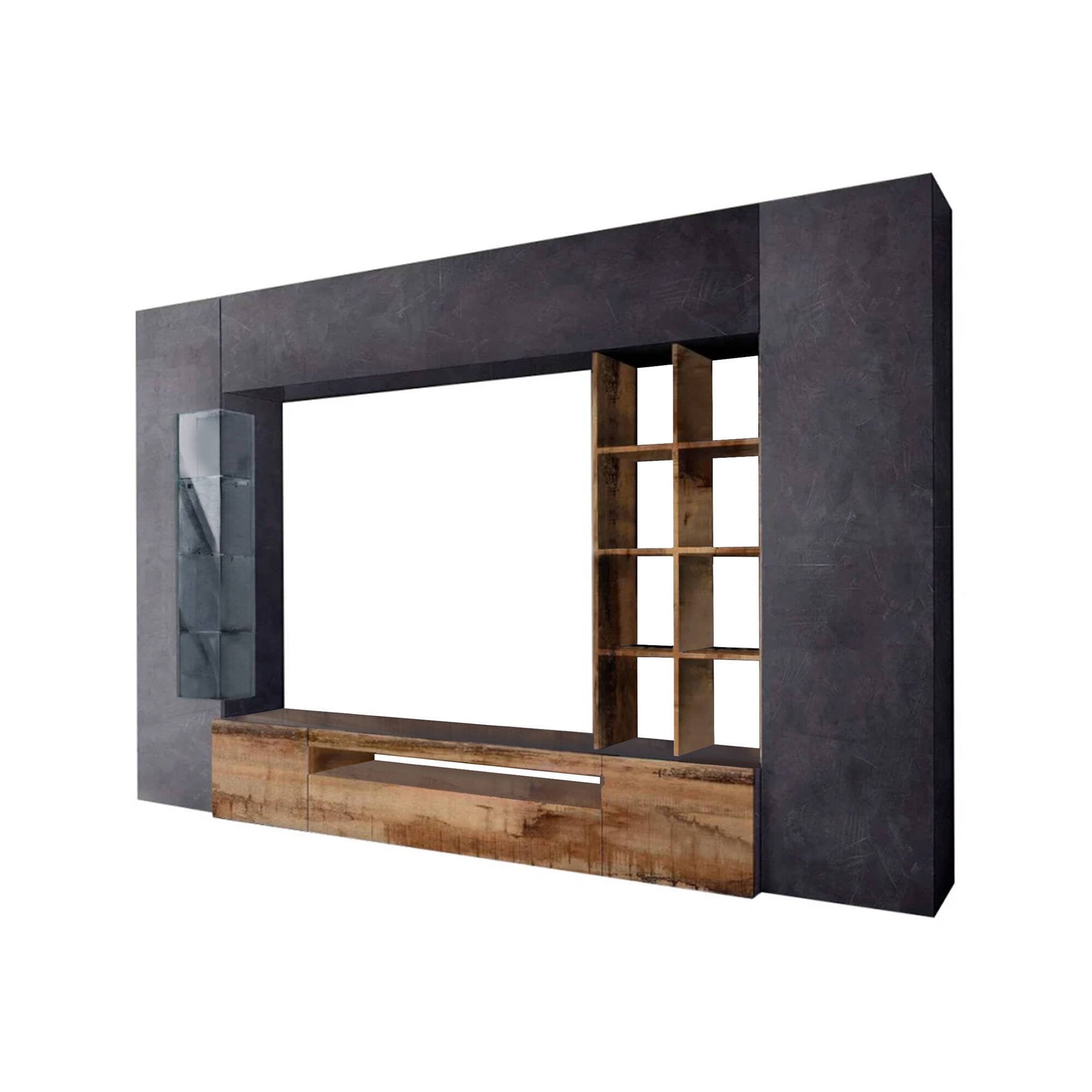 Parete attrezzata da Andy, Made in Italy, Mobile porta TV, Set salotto moderno, cm 290x40h192, Ardesia e Acero, con luce LED blu