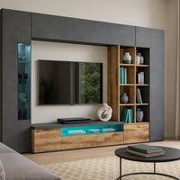 Parete attrezzata da Andy, Made in Italy, Mobile porta TV, Set salotto moderno, cm 290x40h192, Ardesia e Acero, con luce LED blu
