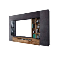Parete attrezzata da Andy, Made in Italy, Mobile porta TV, Set salotto moderno, cm 290x40h192, Ardesia e Acero, con luce LED blu