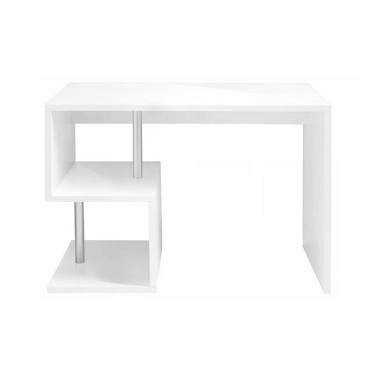 Scrivania moderna ad Esse per ufficio e studio con Acan, Made in Italy, Tavolo da computer, Scrittoio porta PC, cm 100x50h78, Bianco lucido