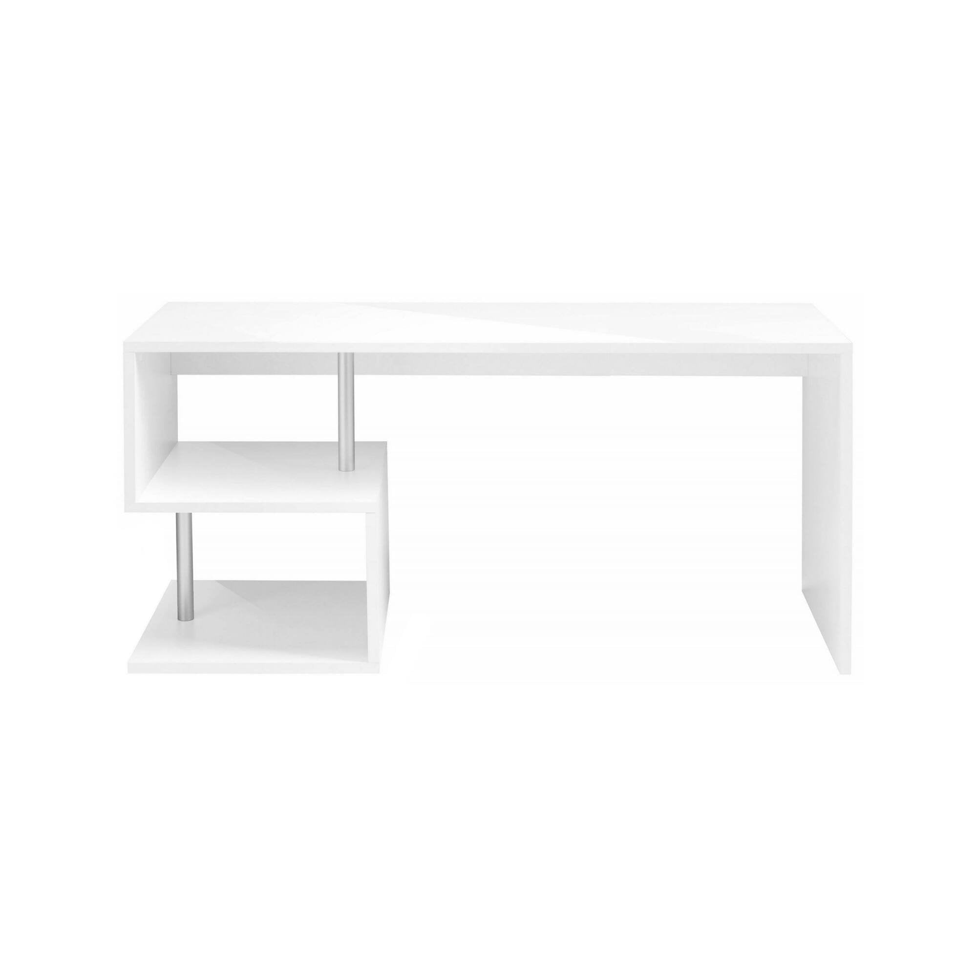 Scrivania moderna ad Esse per ufficio e studio con Poseidone, Made in Italy, Tavolo da computer, Scrittoio porta PC, cm 180x60h78, Bianco lucido