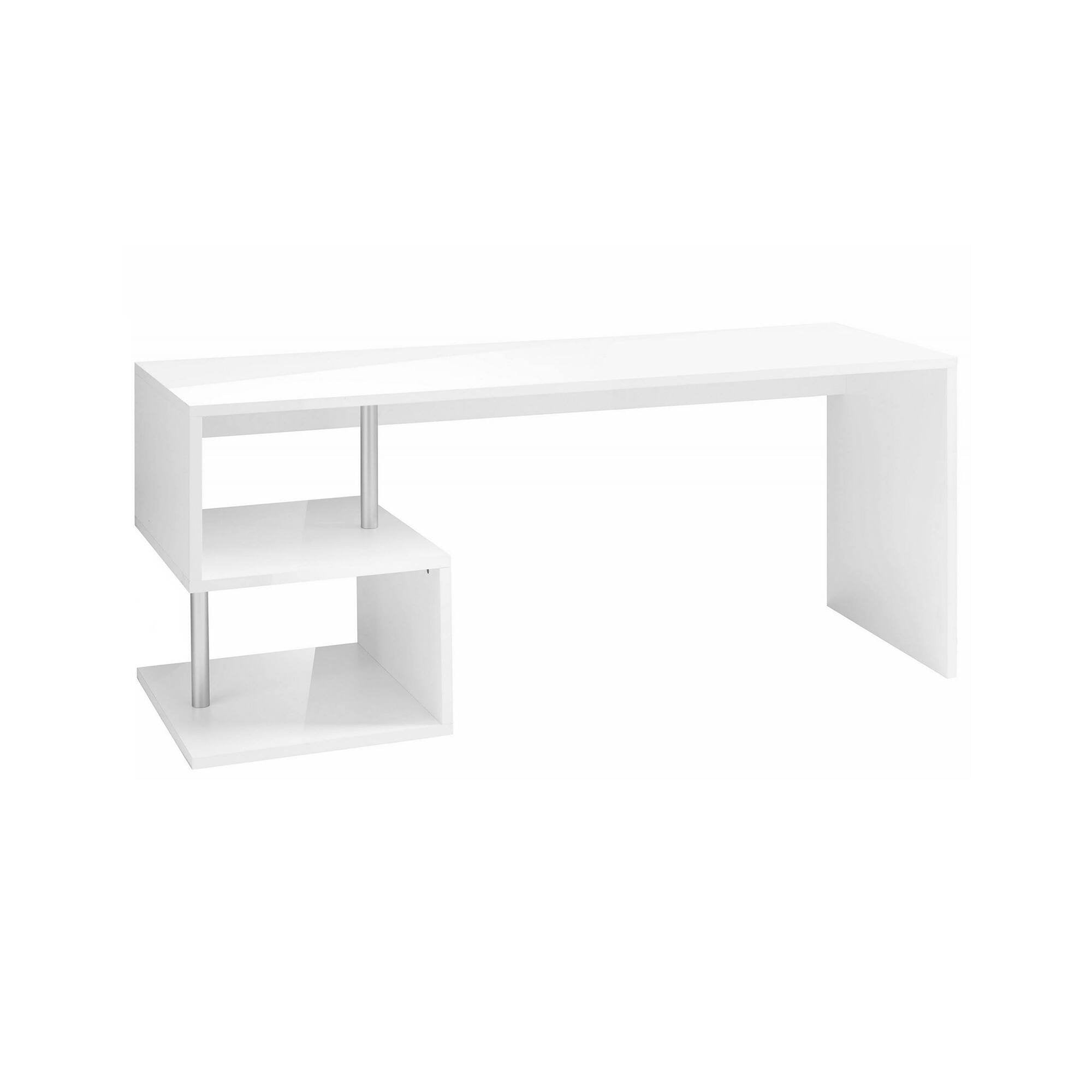 Scrivania moderna ad Esse per ufficio e studio con Poseidone, Made in Italy, Tavolo da computer, Scrittoio porta PC, cm 180x60h78, Bianco lucido
