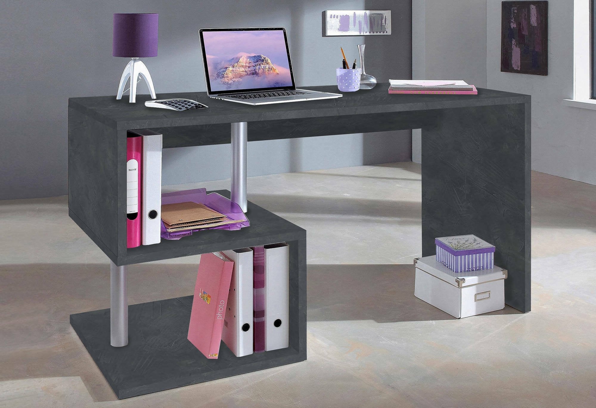 Scrivania moderna ad Esse per ufficio e studio con Atemis, Made in Italy, Tavolo da computer, Scrittoio porta PC, cm 140x60h78, Grigio Cenere