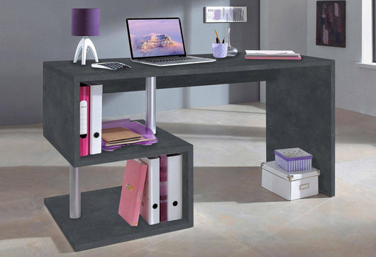 Scrivania moderna ad Esse per ufficio e studio con Atemis, Made in Italy, Tavolo da computer, Scrittoio porta PC, cm 140x60h78, Grigio Cenere