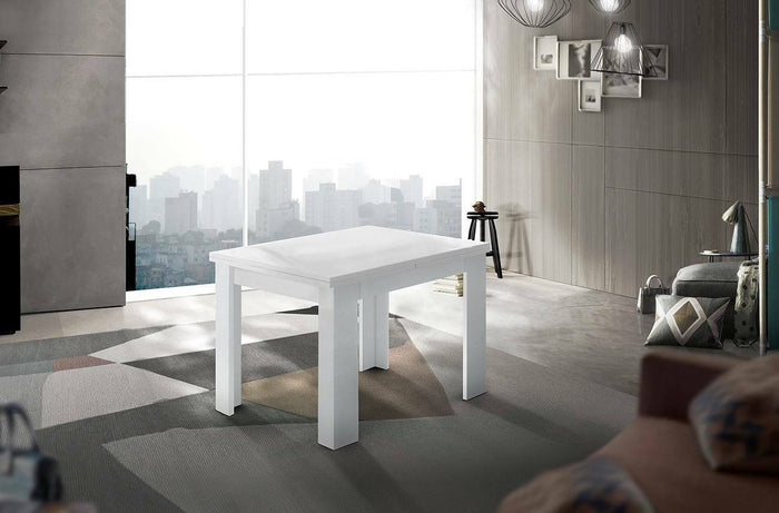 Tavolo da pranzo con apertura a Airin, Made in Italy, Consolle ausiliare da cucina, Tavoloallungabile, cm 90x90h75, Bianco lucido