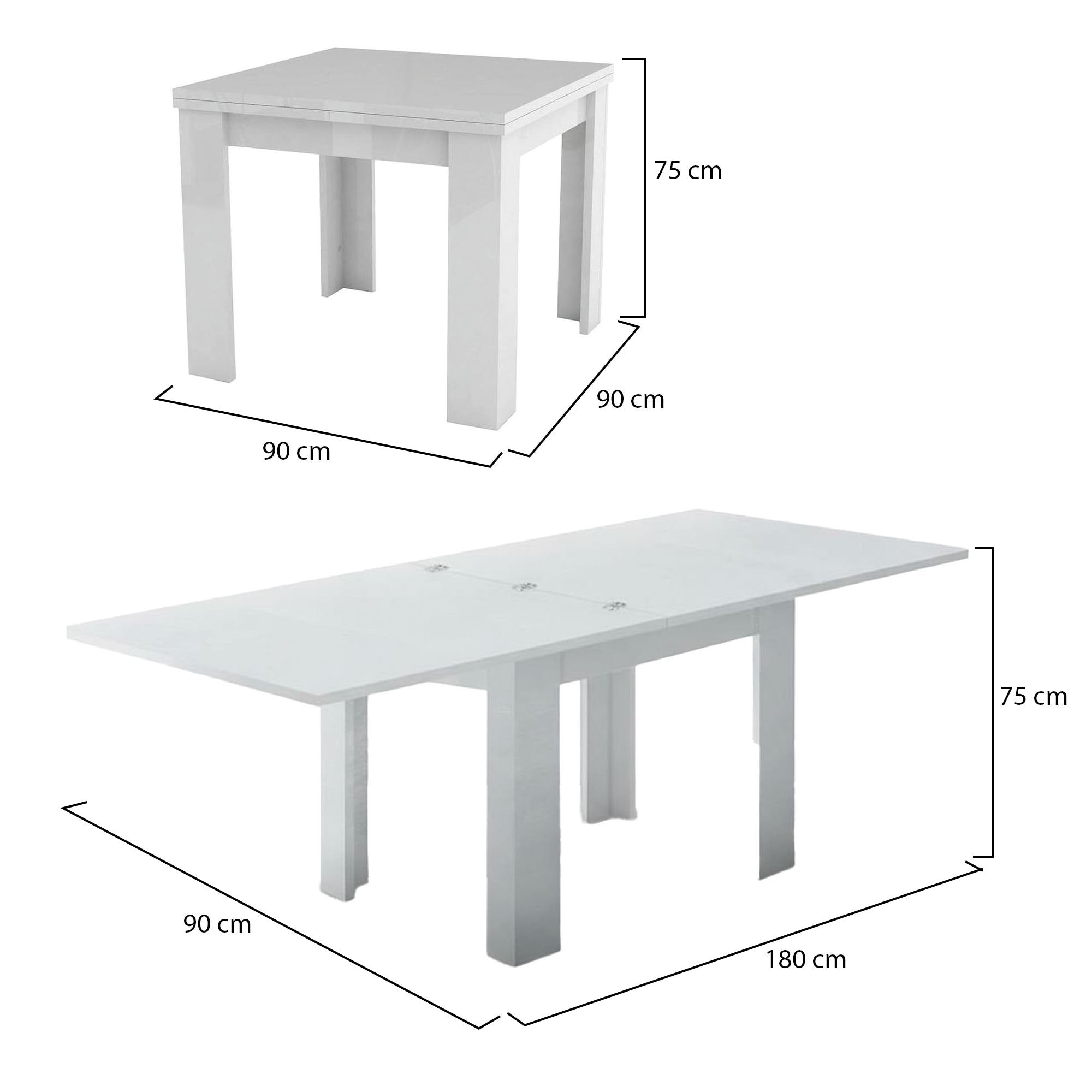 Tavolo da pranzo con apertura a Airin, Made in Italy, Consolle ausiliare da cucina, Tavoloallungabile, cm 90x90h75, Bianco lucido