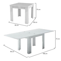 Tavolo da pranzo con apertura a Airin, Made in Italy, Consolle ausiliare da cucina, Tavoloallungabile, cm 90x90h75, Bianco lucido