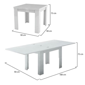 Tavolo da pranzo con apertura a Airin, Made in Italy, Consolle ausiliare da cucina, Tavoloallungabile, cm 90x90h75, Bianco lucido