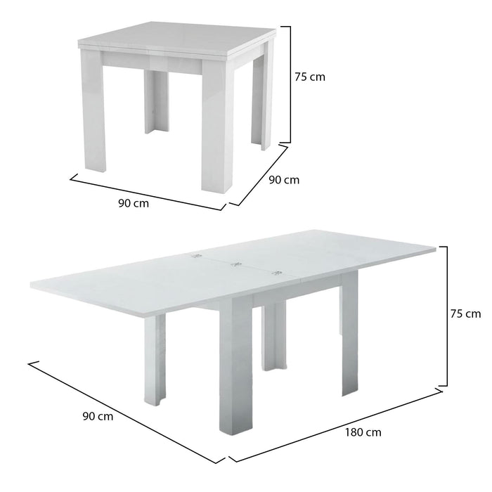 Tavolo da pranzo con apertura a Airin, Made in Italy, Consolle ausiliare da cucina, Tavoloallungabile, cm 90x90h75, Bianco lucido