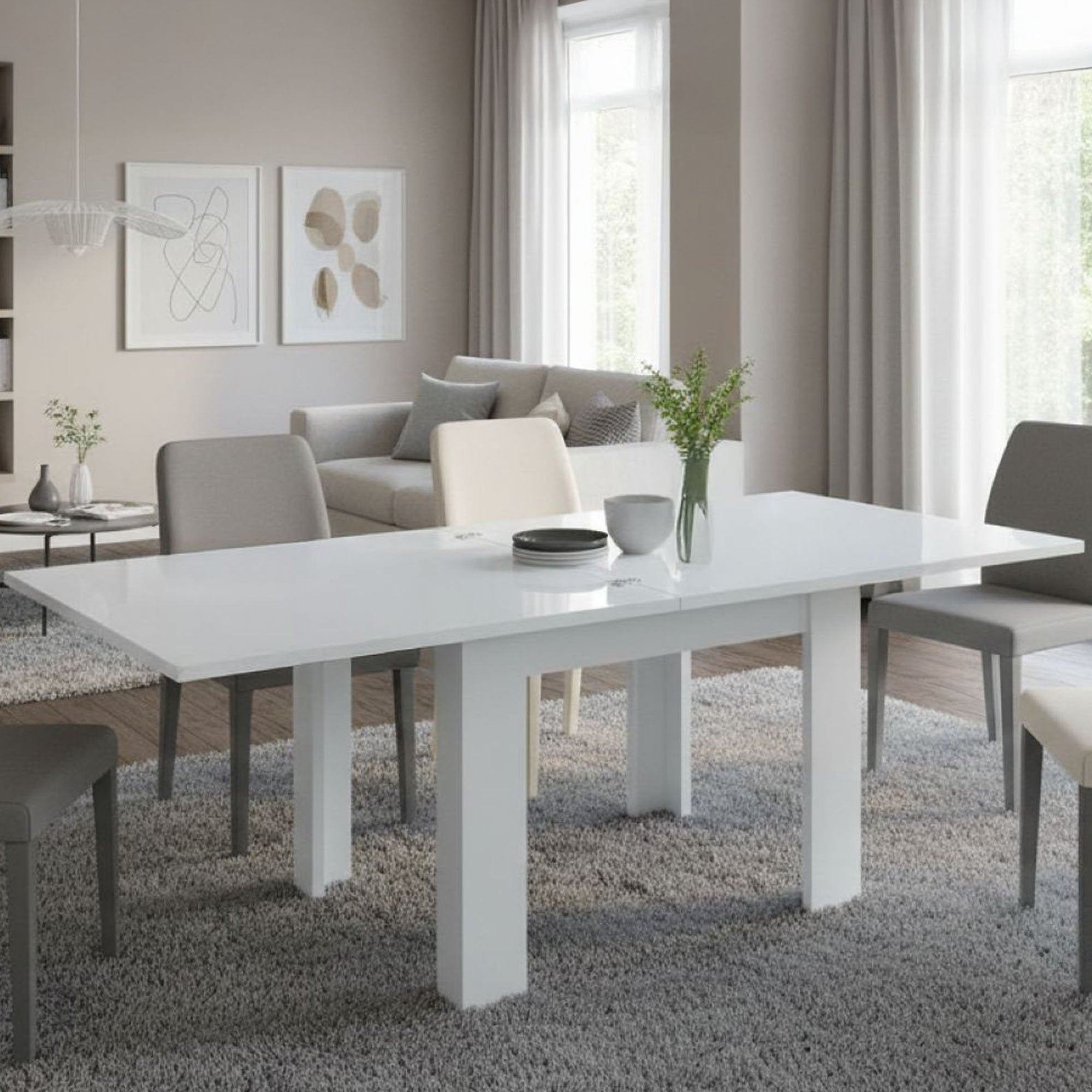 Tavolo da pranzo con apertura a Airin, Made in Italy, Consolle ausiliare da cucina, Tavoloallungabile, cm 90x90h75, Bianco lucido