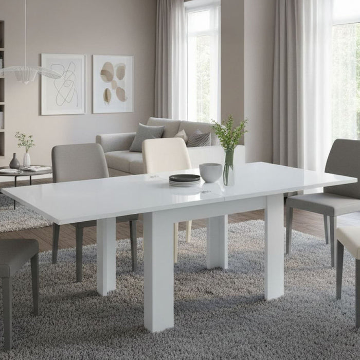 Tavolo da pranzo con apertura a Airin, Made in Italy, Consolle ausiliare da cucina, Tavoloallungabile, cm 90x90h75, Bianco lucido
