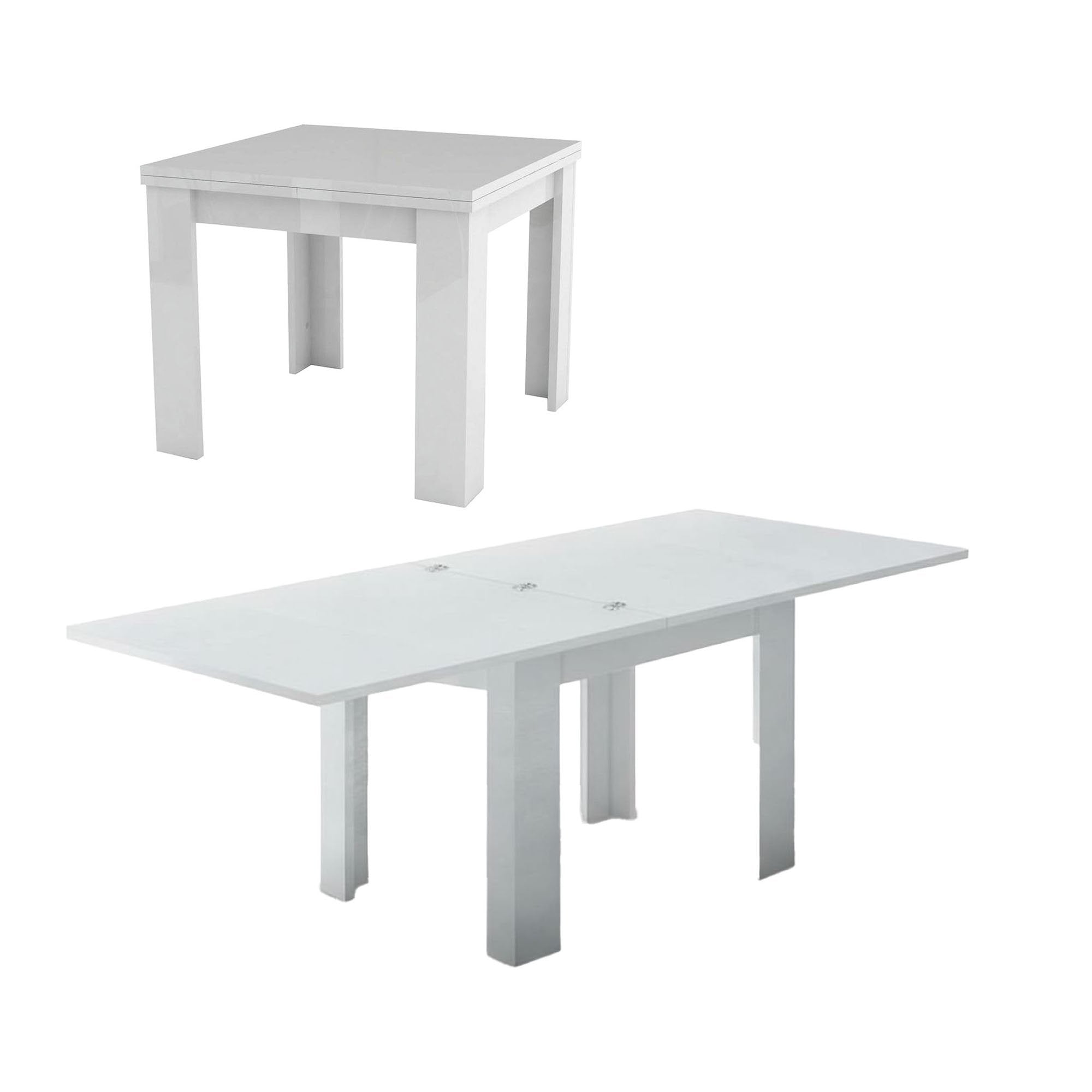 Tavolo da pranzo con apertura a Airin, Made in Italy, Consolle ausiliare da cucina, Tavoloallungabile, cm 90x90h75, Bianco lucido