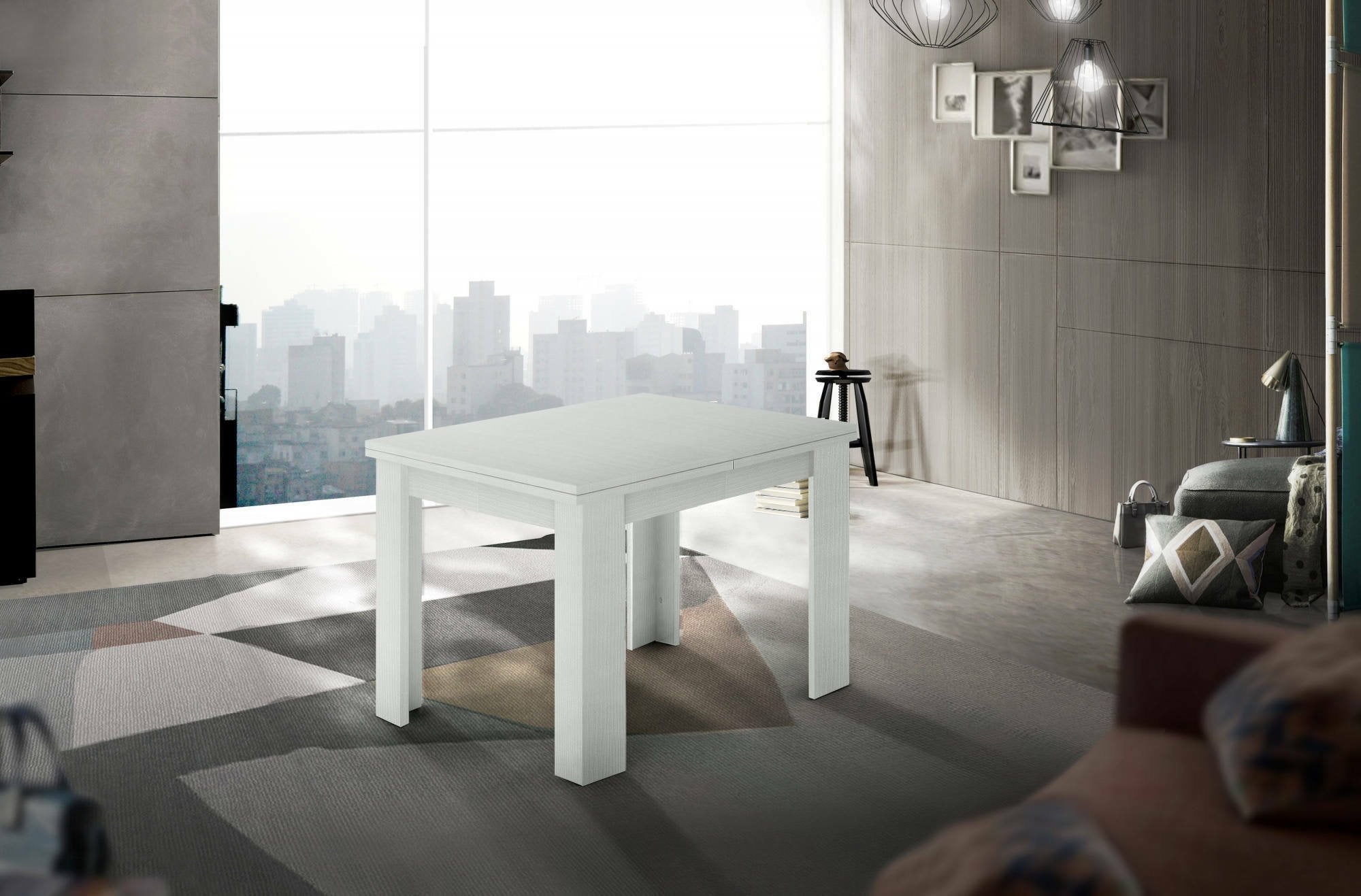 Tavolo da pranzo con apertura a Airin, Made in Italy, Consolle ausiliare da cucina, Tavoloallungabile, cm 90x90h75, Bianco lucido Larice