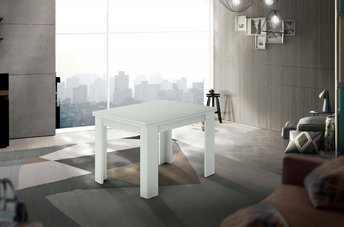 Tavolo da pranzo con apertura a Airin, Made in Italy, Consolle ausiliare da cucina, Tavoloallungabile, cm 90x90h75, Bianco lucido Larice