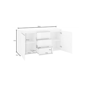 Credenza Amoco, Madia di design a 2 ante 3 cassetti, Made in Italy, Mobile Porta TV, Buffet da soggiorno, cm 150x40h81, Bianco lucido