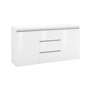Credenza Amoco, Madia di design a 2 ante 3 cassetti, Made in Italy, Mobile Porta TV, Buffet da soggiorno, cm 150x40h81, Bianco lucido
