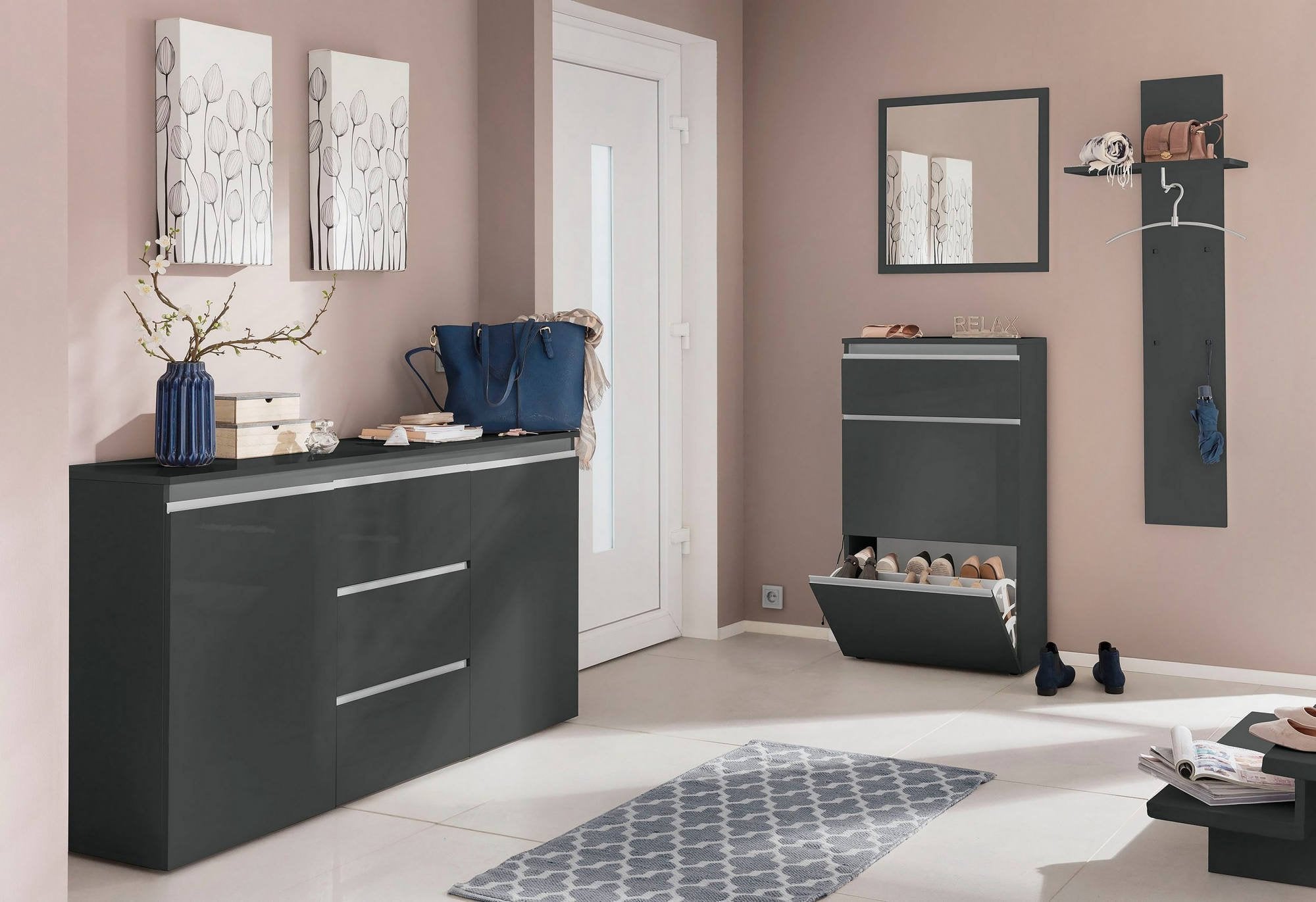 Scarpiera Alejandra, Made in Italy, a 2 ante e 1 anta a ribalta, Mobile Portascarpe da ingresso, cm 60x27h108, Antracite lucido