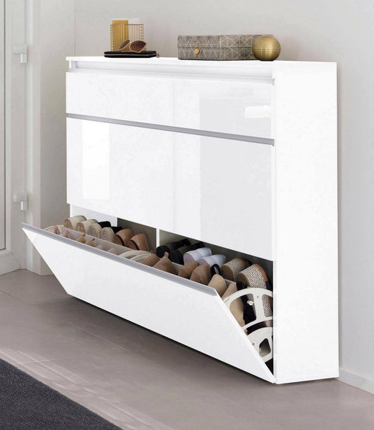 Scarpiera Amuri, Made in Italy, a 2 ante e 1 anta a ribalta, Mobile portascarpe da ingresso, cm 120x27h108, Bianco lucido