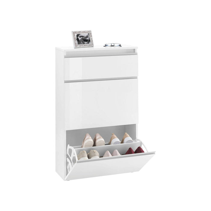 Scarpiera Alejandra, Made in Italy, a 2 ante e 1 anta a ribalta, Mobile Portascarpe da ingresso, cm 60x27h108, Bianco lucido