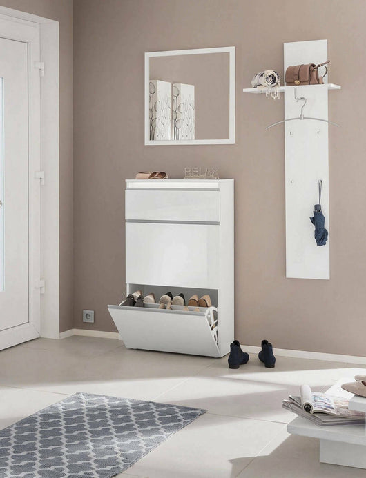 Scarpiera Alejandra, Made in Italy, a 2 ante e 1 anta a ribalta, Mobile Portascarpe da ingresso, cm 60x27h108, Bianco lucido