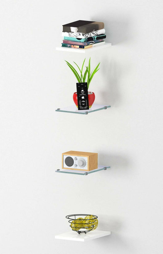 Set di 4 ripiani da Ema, Made in Italy, 2 ripiani in vetro temperato e due in laminato Bianco lucido, cm 20x27h1.6, colore Bianco lucido