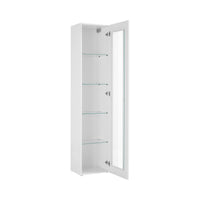 Vetrina a colonna con anta a Aristotele, Made in Italy, con luce LED blu, Credenza con ripiani, Vetrinetta da soggiorno, cm 40x30h180, colore Bianco lucido