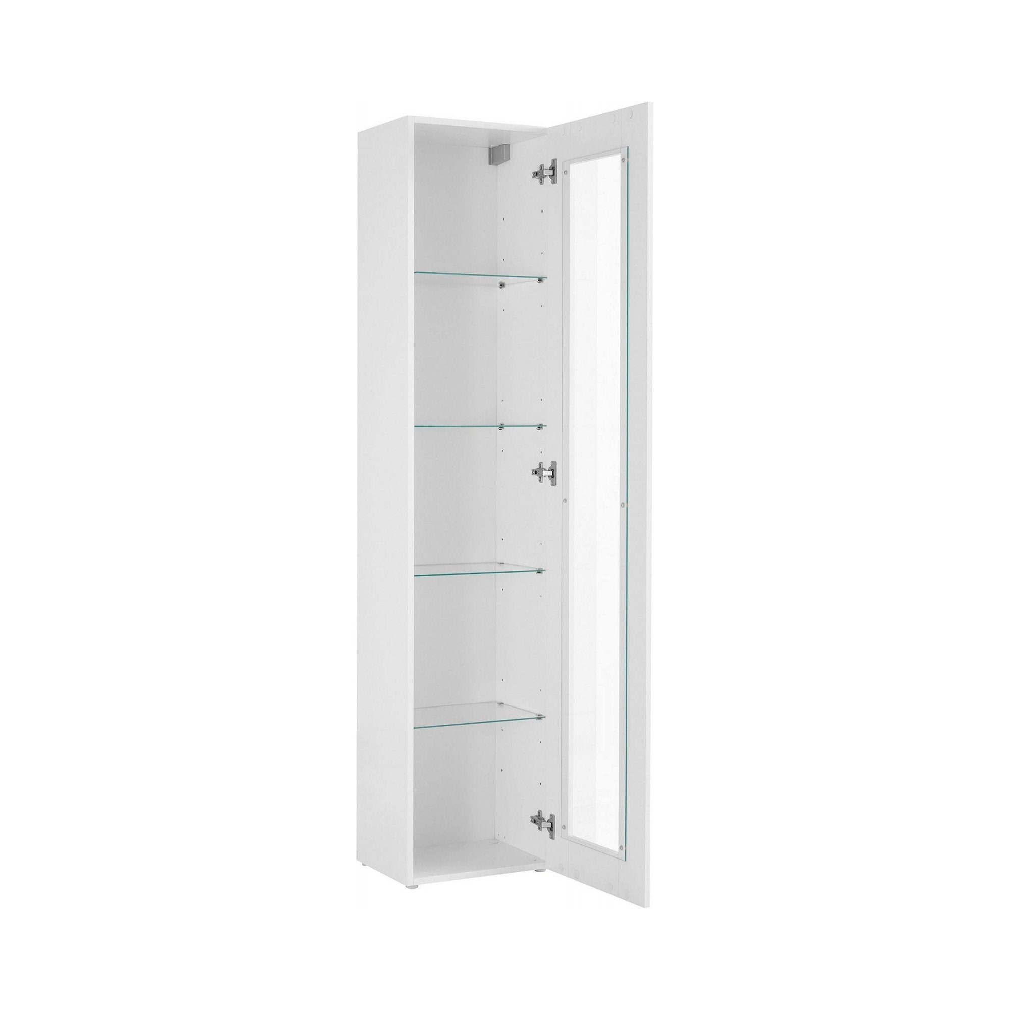 Vetrina a colonna con anta a Aristotele, Made in Italy, con luce LED blu, Credenza con ripiani, Vetrinetta da soggiorno, cm 40x30h180, colore Bianco lucido