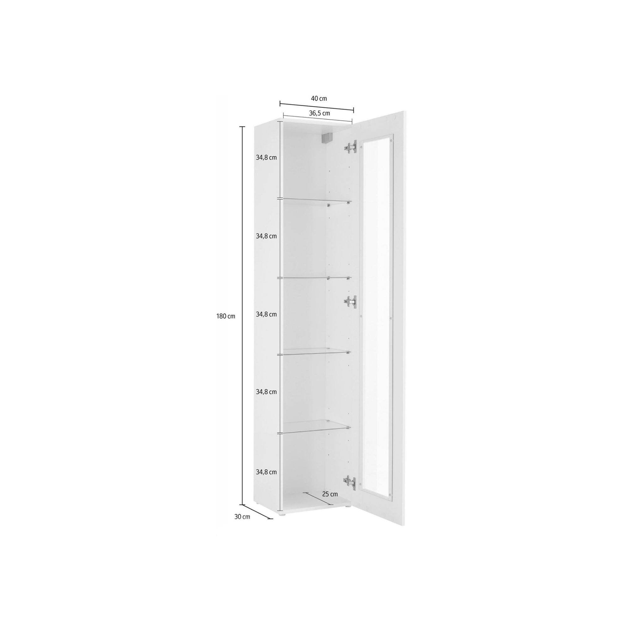 Vetrina a colonna con anta a Aristotele, Made in Italy, con luce LED blu, Credenza con ripiani, Vetrinetta da soggiorno, cm 40x30h180, colore Bianco lucido