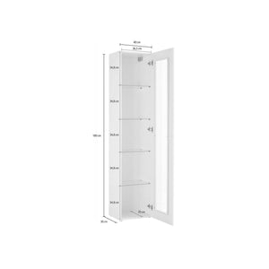 Vetrina a colonna con anta a Aristotele, Made in Italy, con luce LED blu, Credenza con ripiani, Vetrinetta da soggiorno, cm 40x30h180, colore Bianco lucido