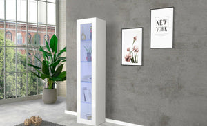 Vetrina a colonna con anta a Aristotele, Made in Italy, con luce LED blu, Credenza con ripiani, Vetrinetta da soggiorno, cm 40x30h180, colore Bianco lucido