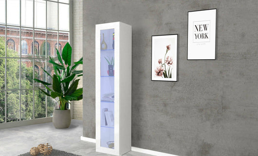 Vetrina a colonna con anta a Aristotele, Made in Italy, con luce LED blu, Credenza con ripiani, Vetrinetta da soggiorno, cm 40x30h180, colore Bianco lucido