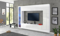 Parete attrezzata da Amel, Made in Italy, Porta TV, Set salotto moderno, cm 260x30h180, Bianco lucido, con luce LED blu ed una vetrina