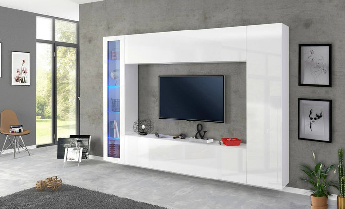 Parete attrezzata da Amel, Made in Italy, Porta TV, Set salotto moderno, cm 260x30h180, Bianco lucido, con luce LED blu ed una vetrina