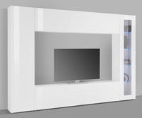 Parete attrezzata da Amel, Made in Italy, Porta TV, Set salotto moderno, cm 260x30h180, Bianco lucido, con luce LED blu ed una vetrina
