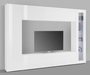 Parete attrezzata da Amel, Made in Italy, Porta TV, Set salotto moderno, cm 260x30h180, Bianco lucido, con luce LED blu ed una vetrina