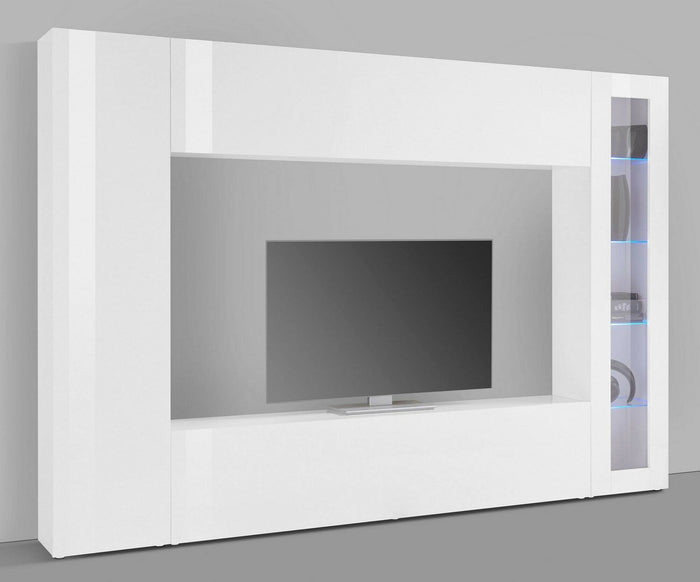 Parete attrezzata da Amel, Made in Italy, Porta TV, Set salotto moderno, cm 260x30h180, Bianco lucido, con luce LED blu ed una vetrina