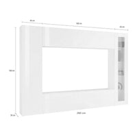Parete attrezzata da Amel, Made in Italy, Porta TV, Set salotto moderno, cm 260x30h180, Bianco lucido, con luce LED blu ed una vetrina