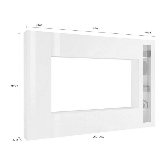 Parete attrezzata da Amel, Made in Italy, Porta TV, Set salotto moderno, cm 260x30h180, Bianco lucido, con luce LED blu ed una vetrina