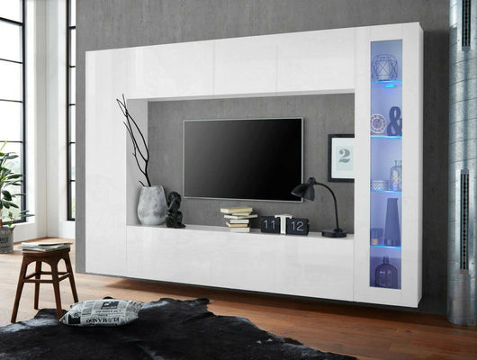 Parete attrezzata da Amel, Made in Italy, Porta TV, Set salotto moderno, cm 260x30h180, Bianco lucido, con luce LED blu ed una vetrina