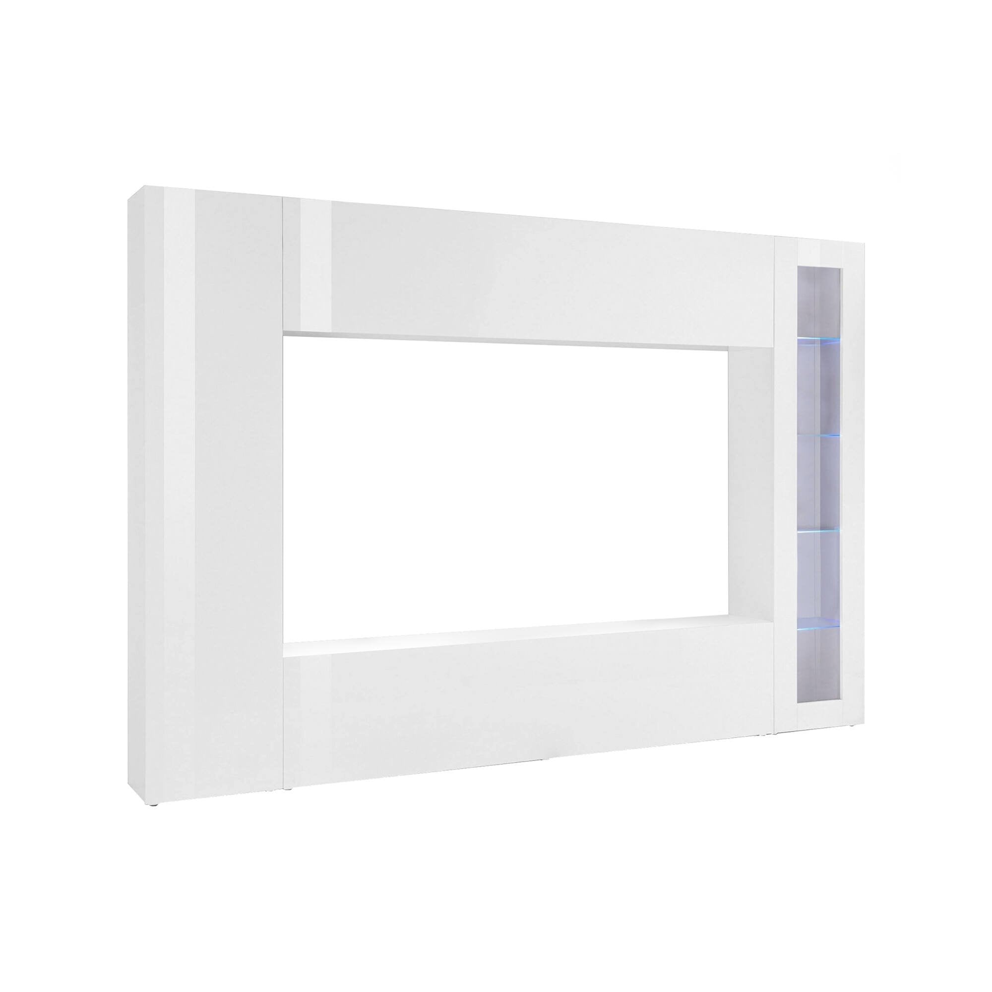 Parete attrezzata da Amel, Made in Italy, Porta TV, Set salotto moderno, cm 260x30h180, Bianco lucido, con luce LED blu ed una vetrina