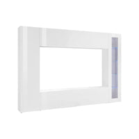 Parete attrezzata da Amel, Made in Italy, Porta TV, Set salotto moderno, cm 260x30h180, Bianco lucido, con luce LED blu ed una vetrina