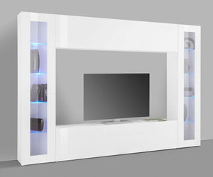 Parete attrezzata da Amel, Made in Italy, Porta TV, Set salotto moderno, cm 260x30h180, Bianco lucido, con luce LED blu e due vetrine