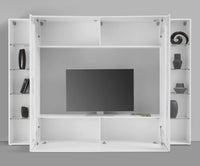 Parete attrezzata da Amel, Made in Italy, Porta TV, Set salotto moderno, cm 260x30h180, Bianco lucido, con luce LED blu e due vetrine