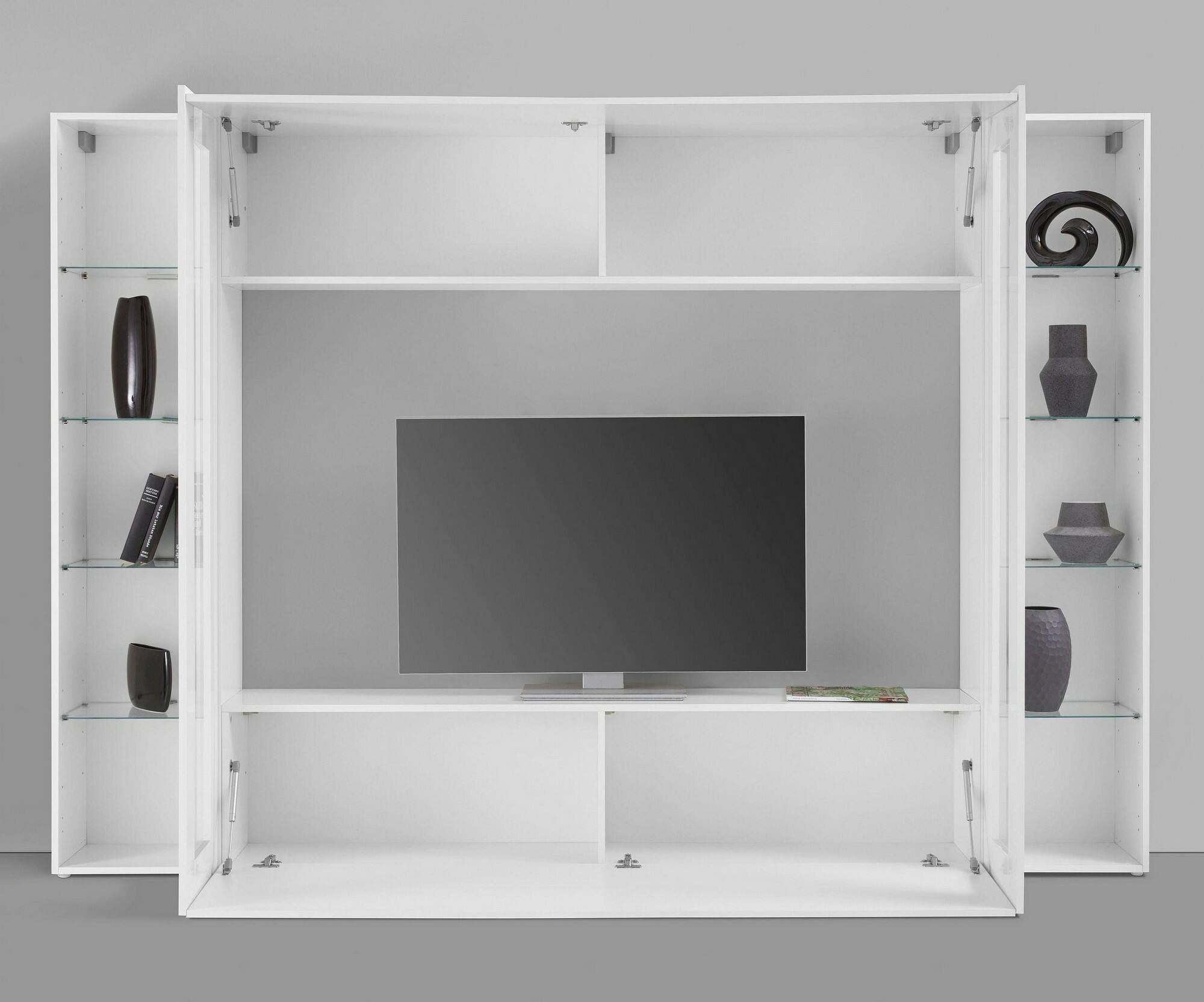 Parete attrezzata da Amel, Made in Italy, Porta TV, Set salotto moderno, cm 260x30h180, Bianco lucido, con luce LED blu e due vetrine