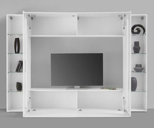 Parete attrezzata da Amel, Made in Italy, Porta TV, Set salotto moderno, cm 260x30h180, Bianco lucido, con luce LED blu e due vetrine